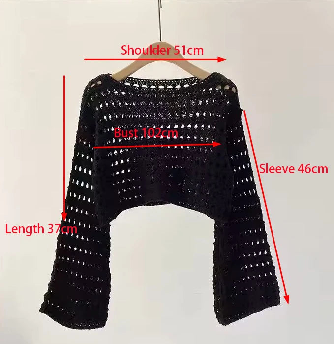 LORNEA long sleeve crochet knit top, summer beach bikini cover-up, boho crop pullover, wool knitwear blouse for women vacation wear