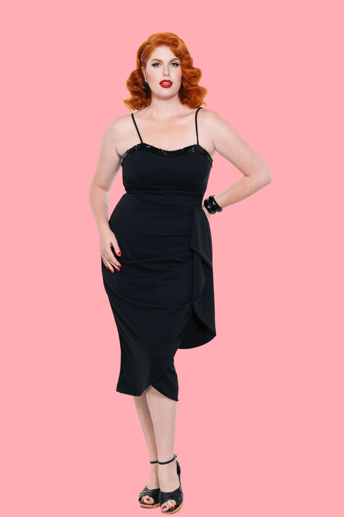 Black shimmering sarong dress by LadySplendorClothing, featuring lightweight fabric and elegant drape for stylish summer wear.