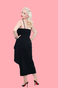 Black shimmering sarong dress by LadySplendorClothing, showcasing flowing fabric and elegant drape.