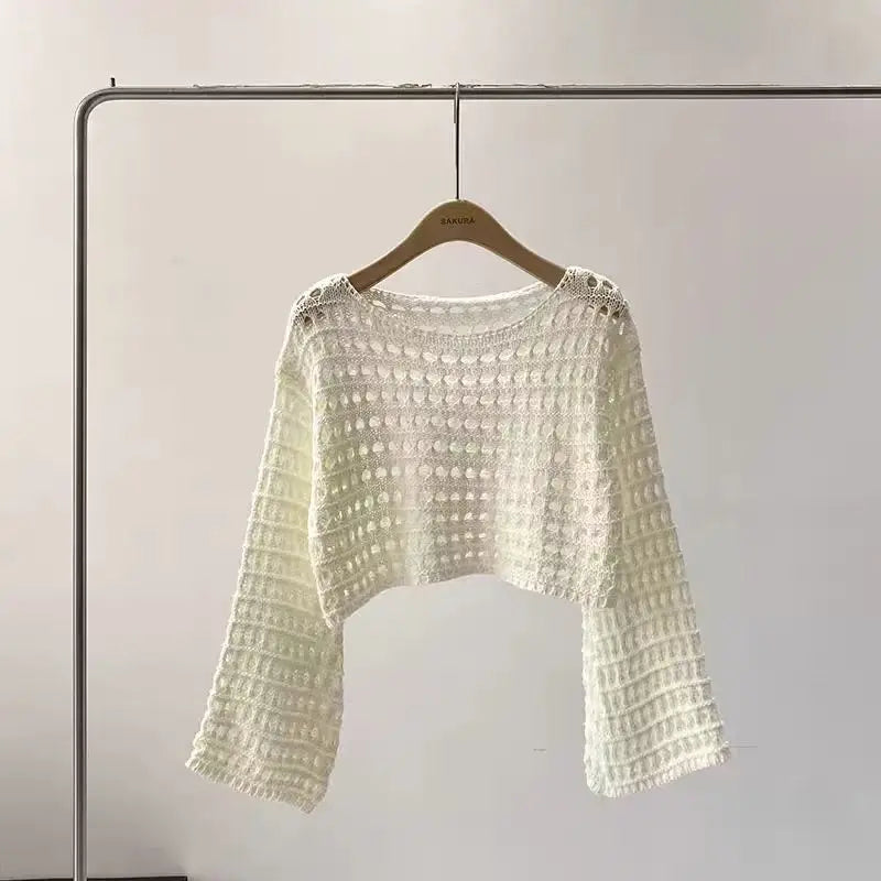 LORNEA long sleeve crochet knit top, summer beach bikini cover-up with boho style, lightweight wool knitwear blouse for women vacation.