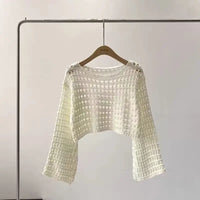 LORNEA long sleeve crochet knit top, summer beach bikini cover-up with boho style, lightweight wool knitwear blouse for women vacation.