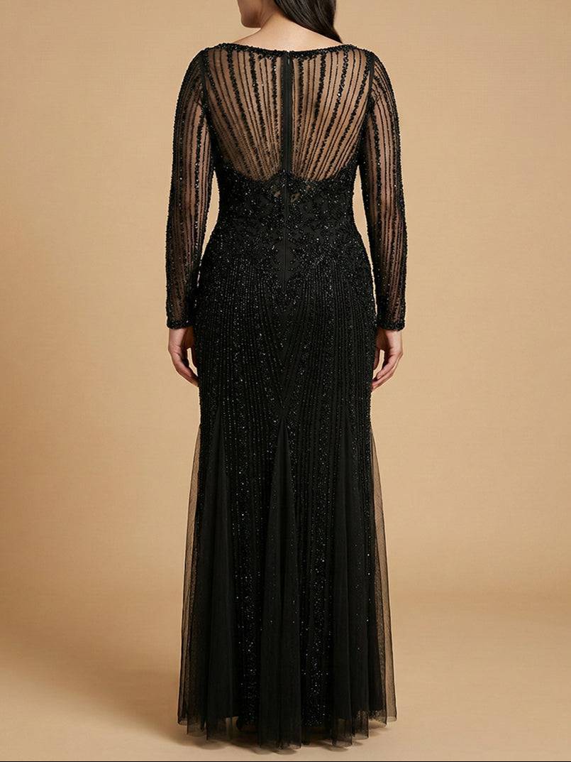 Black Lara New York high neck beaded gown dress with intricate beadwork and elegant back design.