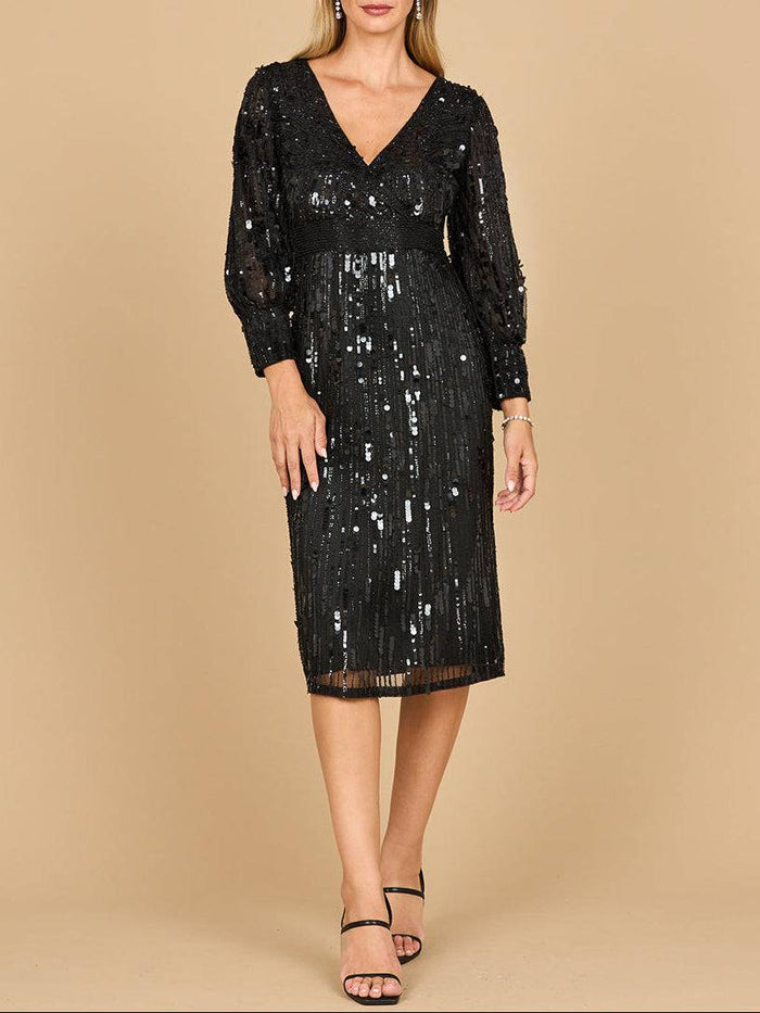 Black Lara New York beaded A-line midi dress with long sleeves, elegant and stylish for formal occasions.