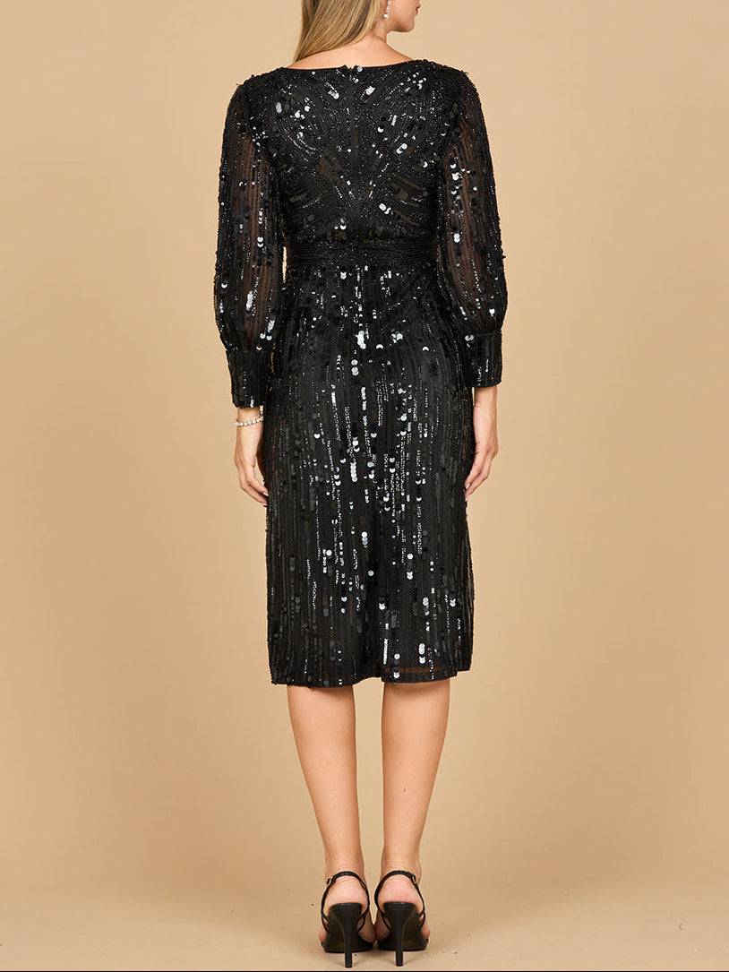 Lara New York Beaded A-line midi dress with long sleeves in black, featuring intricate beadwork and a flowing silhouette.