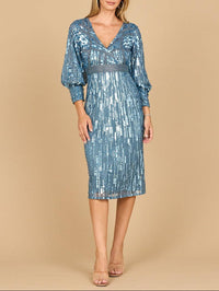 Slate blue Lara New York beaded A-line midi dress with long sleeves, elegant and flowing for formal occasions.