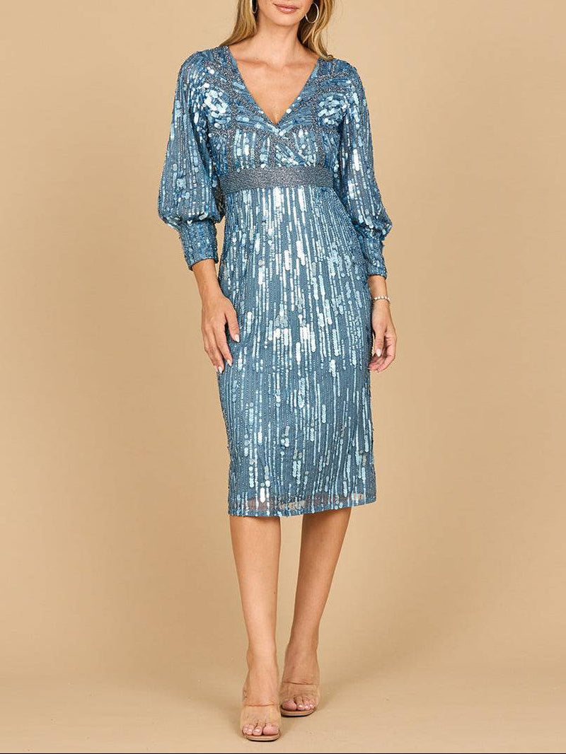Slate blue Lara New York beaded A-line midi dress with long sleeves, elegant and flowing for formal occasions.