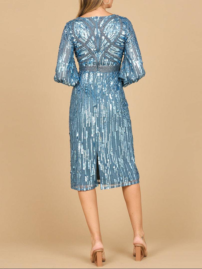 Slate blue Lara New York beaded A-line midi dress with long sleeves, elegant and stylish for formal occasions.