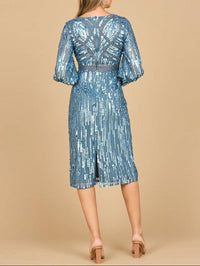 Slate blue Lara New York beaded A-line midi dress with long sleeves, elegant and stylish for formal occasions.