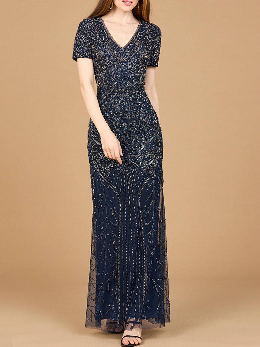 Navy short sleeve sheath beaded gown by Lara New York, featuring intricate beadwork and elegant fit, perfect for formal occasions.