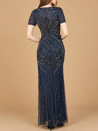 Navy short sleeve sheath beaded gown by Lara New York, elegant formal dress with intricate bead detailing.