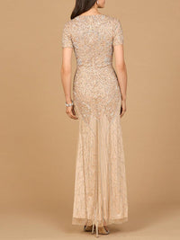 Nude short sleeve sheath beaded gown by Lara New York, elegant dress with intricate beadwork and fitted silhouette.