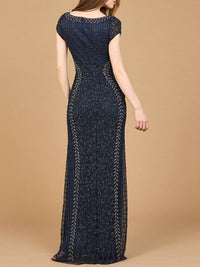 Navy beaded mermaid cap sleeve gown by Lara New York featuring intricate beadwork and a fitted silhouette.