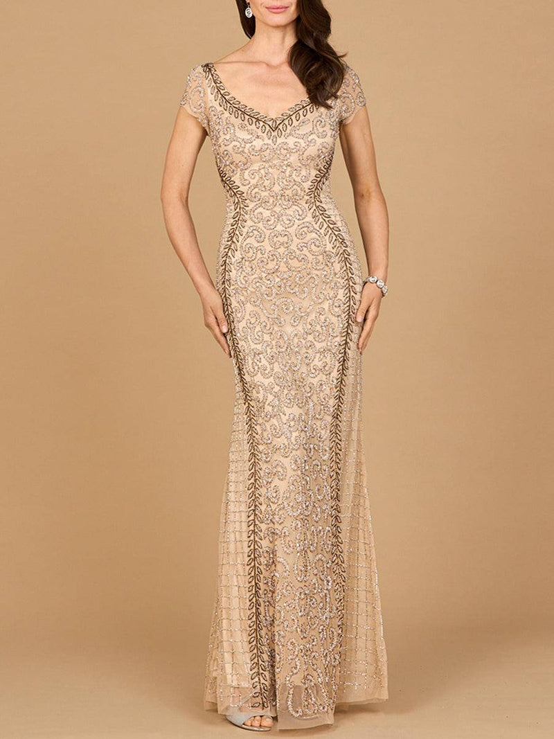 Beaded mermaid cap sleeve gown by Lara New York featuring nude color, intricate beadwork, and elegant fitted silhouette.
