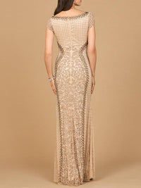 Lara New York beaded mermaid cap sleeve gown in nude, with intricate beadwork and fitted silhouette, elegant evening dress.