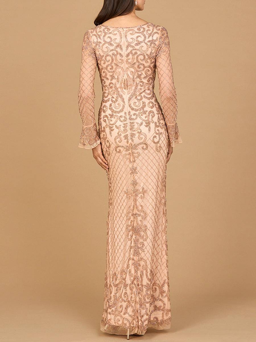 Lara New York beaded long sleeve V-neck blush gown with intricate detailing and elegant design.
