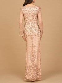 Lara New York beaded long sleeve V-neck blush gown with intricate detailing and elegant design.