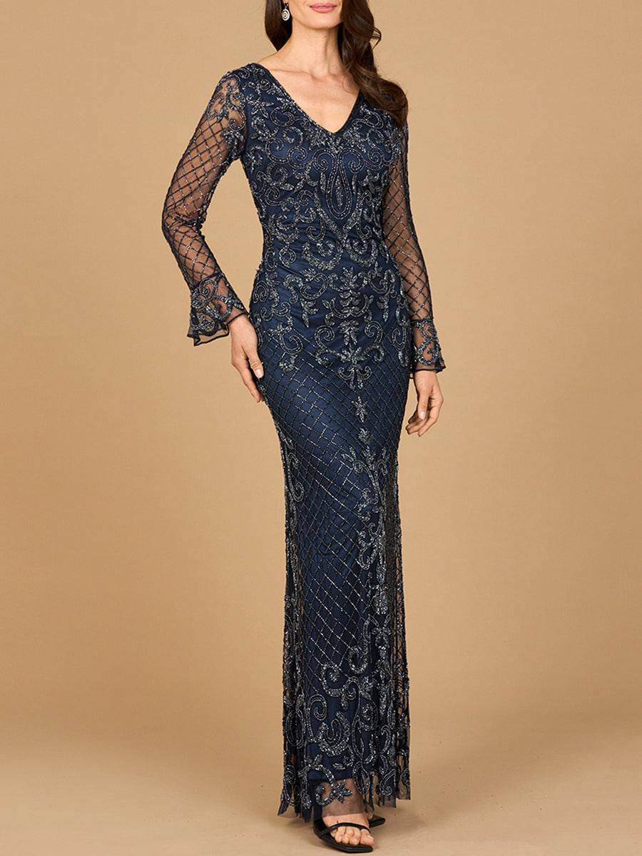Navy beaded long sleeve V-neck gown by Lara New York, featuring intricate beadwork and elegant flowing fabric.