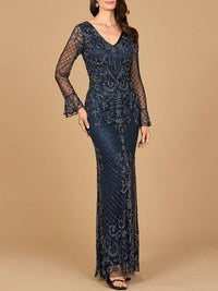 Navy beaded long sleeve V-neck gown by Lara New York, featuring intricate beadwork and elegant flowing fabric.