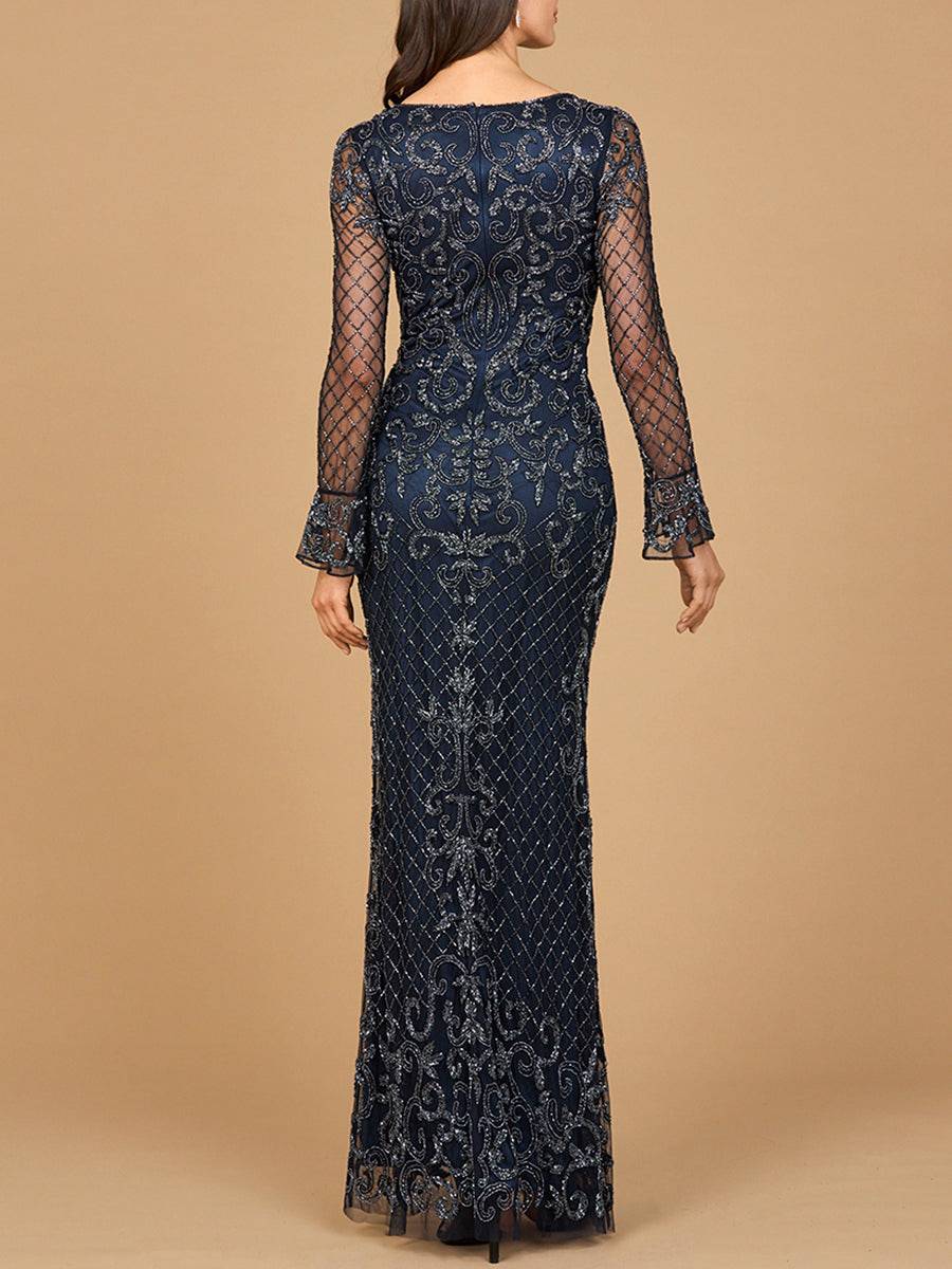 Navy beaded long sleeve V-neck gown by Lara New York, featuring intricate beadwork and elegant flowing fabric.