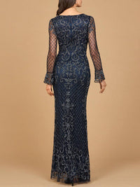 Navy beaded long sleeve V-neck gown by Lara New York, featuring intricate beadwork and elegant flowing fabric.