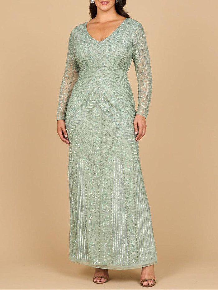 Lara New York long sleeve geometric beaded gown in sage green, elegant dress with intricate beadwork and flowing silhouette.