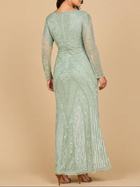Lara New York long sleeve geometric beaded gown in sage green, elegant evening dress with intricate beadwork and flowing fabric.