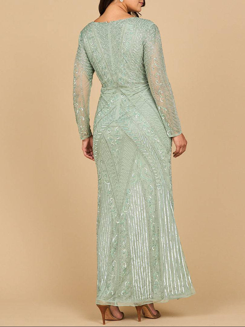 Lara New York long sleeve geometric beaded gown in sage green, elegant evening dress with intricate beadwork and flowing fabric.