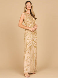 Gold beaded cap sleeve sheath gown by Lara New York, elegant formal dress with intricate beadwork and fitted silhouette.