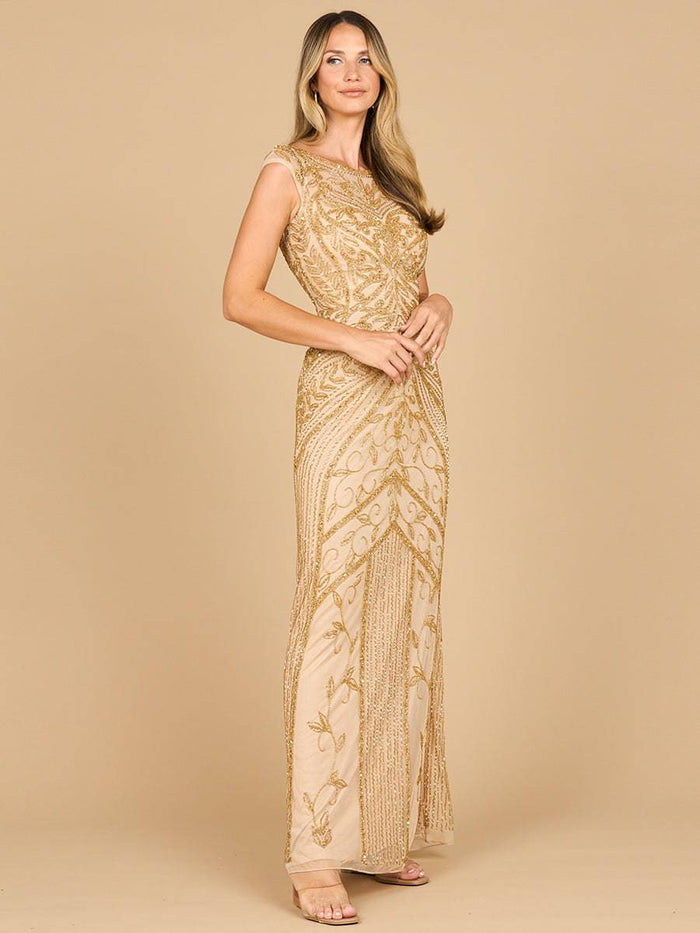 Gold beaded cap sleeve sheath gown by Lara New York, elegant formal dress with intricate beadwork and fitted silhouette.