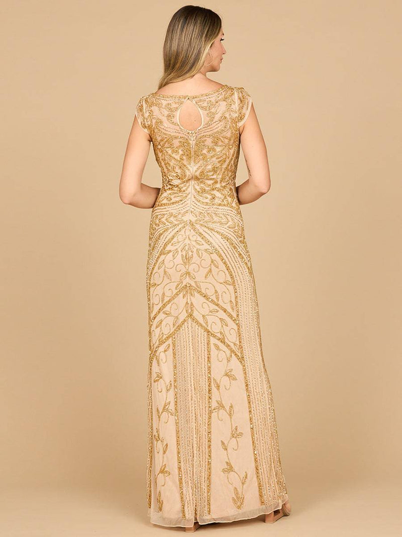 Lara New York Lara 28876 gold beaded cap sleeve sheath gown, elegant formal dress with intricate beadwork and fitted silhouette.
