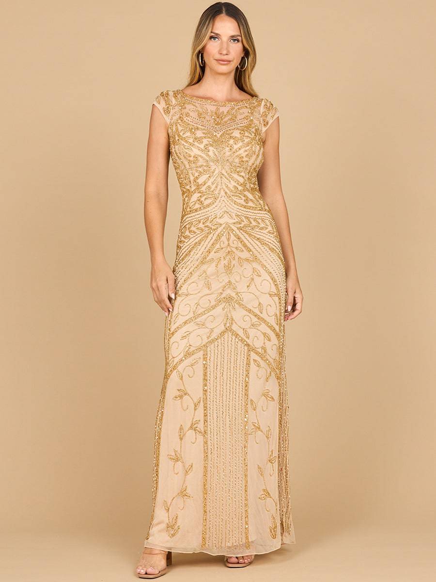 Lara New York beaded cap sleeve sheath gown in gold, elegant dress with intricate beadwork and fitted silhouette.