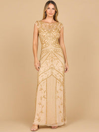 Lara New York beaded cap sleeve sheath gown in gold, elegant dress with intricate beadwork and fitted silhouette.