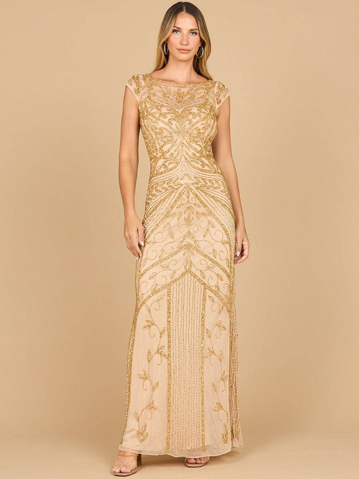 Lara New York beaded cap sleeve sheath gown in gold, elegant dress with intricate beadwork and fitted silhouette.