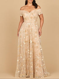 Light taupe off-shoulder A-line floral gown by Lara New York, flowing dress with delicate flower patterns and elegant design.