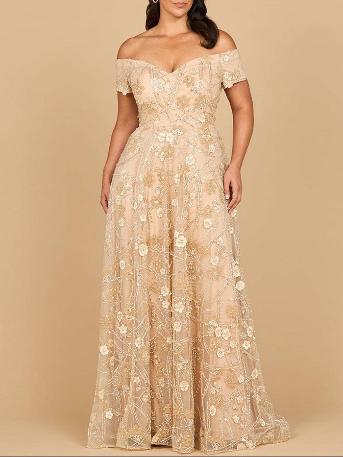 Light taupe off-shoulder A-line floral gown by Lara New York, flowing dress with delicate flower patterns and elegant design.