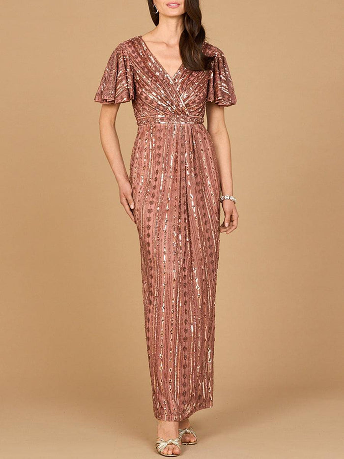 Lara New York fully beaded lilac gown with flutter sleeves, elegant evening dress with intricate beadwork and flowing silhouette.