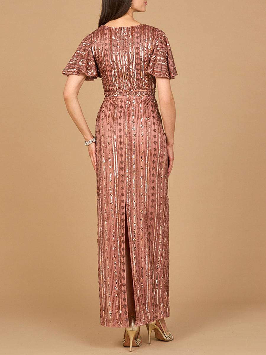 Lara New York fully beaded lilac gown with flutter sleeves, elegant evening dress with intricate beadwork and flowing fabric.
