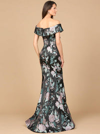 Black fitted mermaid brocade gown by Lara New York, showcasing elegant silhouette and intricate fabric details.