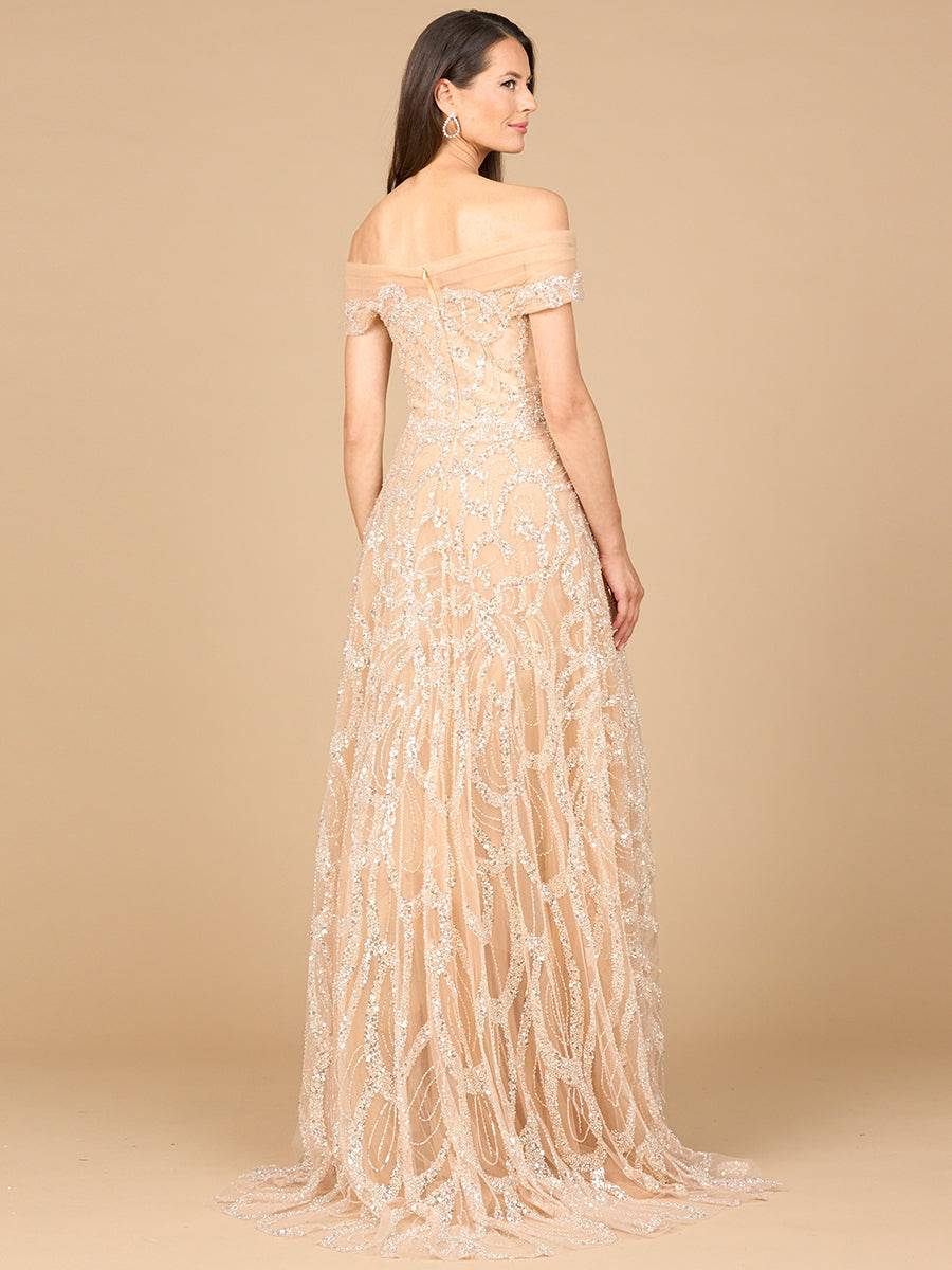 Lara New York off-shoulder champagne A-line gown dress with elegant design and flowing fabric, suitable for formal occasions.