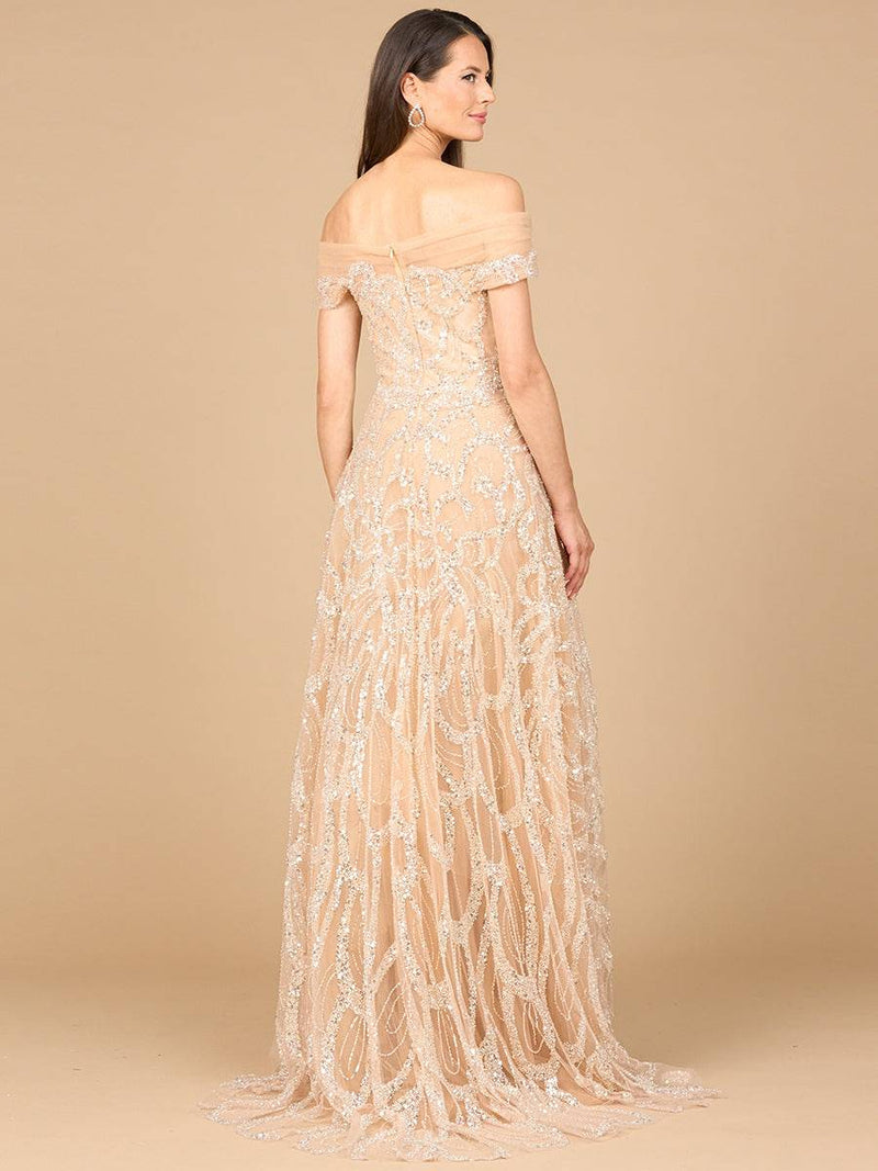 Lara New York off-shoulder champagne A-line gown dress with elegant design and flowing fabric, suitable for formal occasions.