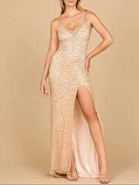 Blush Lara New York fitted beaded gown with spaghetti straps, elegant evening dress with intricate beadwork and a sleek silhouette.