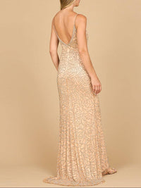 Lara New York Lara 29004 blush fitted beaded gown with spaghetti straps, close-up view of elegant dress with intricate beadwork.