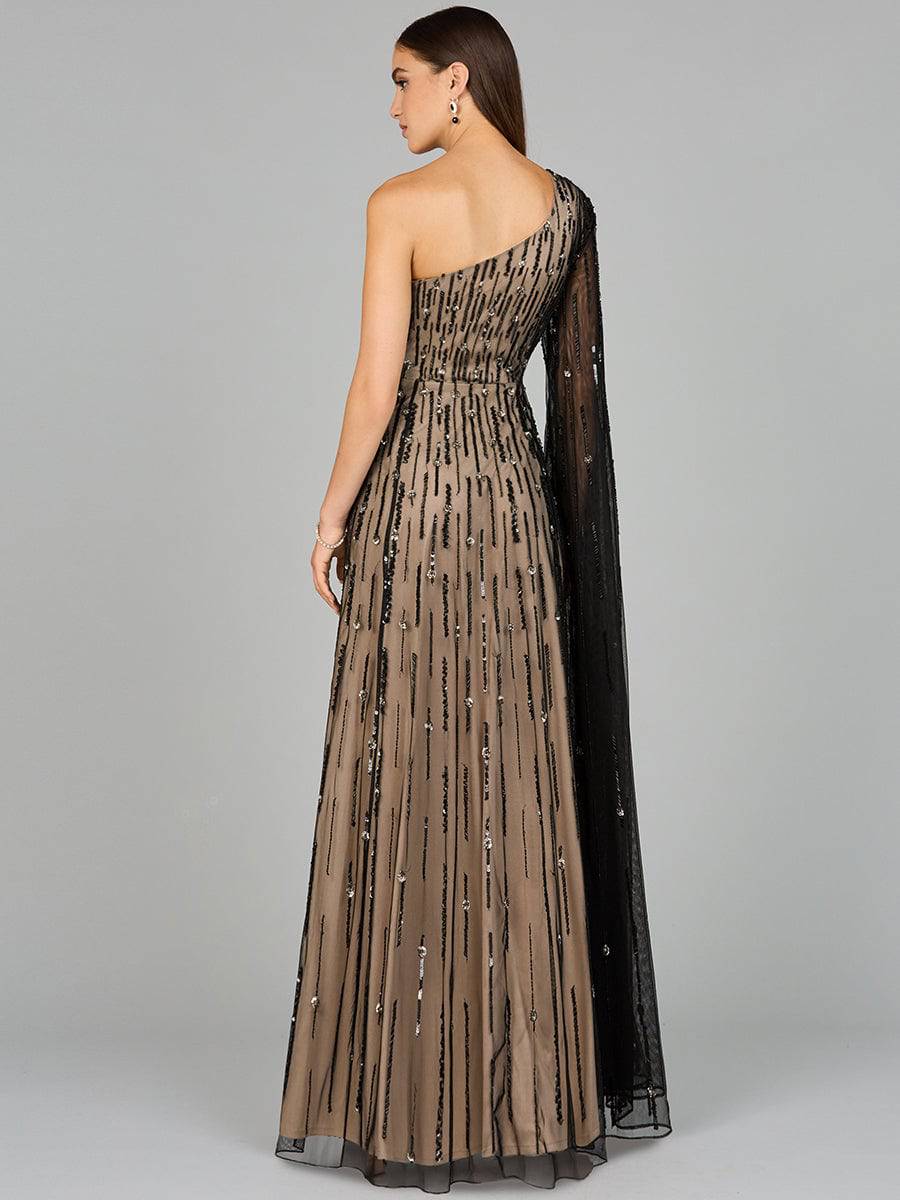 Black Lara New York one-shoulder A-line gown dress with elegant flowing fabric and fitted bodice, perfect for formal occasions.