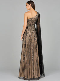 Black Lara New York one-shoulder A-line gown dress with elegant flowing fabric and fitted bodice, perfect for formal occasions.