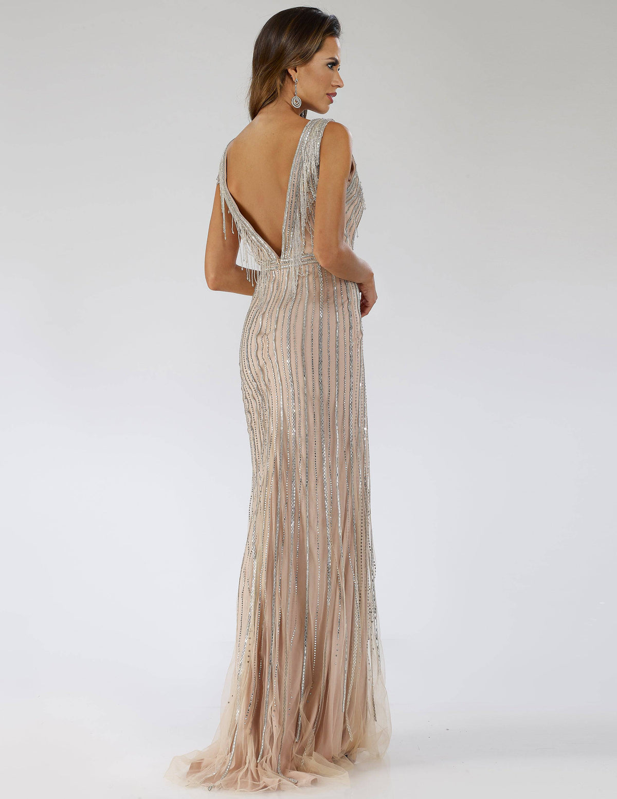 Beaded V-neck gown by Lara New York, elegant dress featuring intricate beads and a flowing silhouette, perfect for formal occasions.