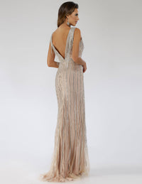 Beaded V-neck gown by Lara New York, elegant dress featuring intricate beads and a flowing silhouette, perfect for formal occasions.