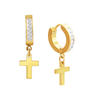 Black cubic zirconia cross pendant huggie hoops in 14K gold-plated silver, stylish jewelry by JB Jewelry BLVD.