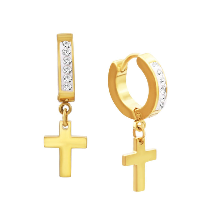 Black cubic zirconia cross pendant huggie hoops in 14K gold-plated silver, stylish jewelry by JB Jewelry BLVD.