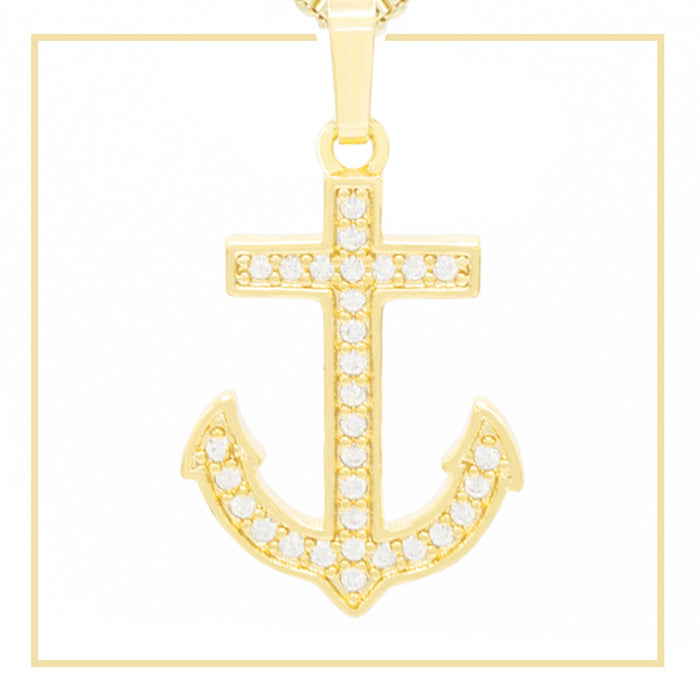 14K gold-filled anchor cross pendant with cubic zirconia stones, jewelry piece for men and women by JB Jewelry BLVD.