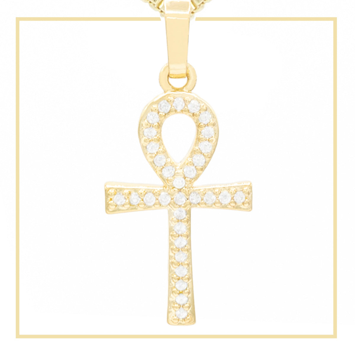 Ankh cross pendant with cubic zirconia stones in 14K gold-filled jewelry for men and women, featuring a detailed design.